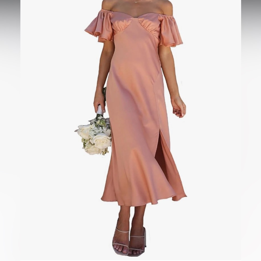 Amazon Peach Off-Shoulder Midi Dress